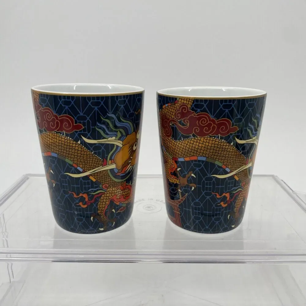 2 Williams Sonoma Lunar New Year Chinese Dragon Mugs Cups Blue Ceramic 12 oz